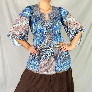 Y2K blue and brown fairy bell sleeve hippy top🌸